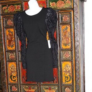 New Black Mini Dress with Puff Shoulders and Long Lace Sleeves